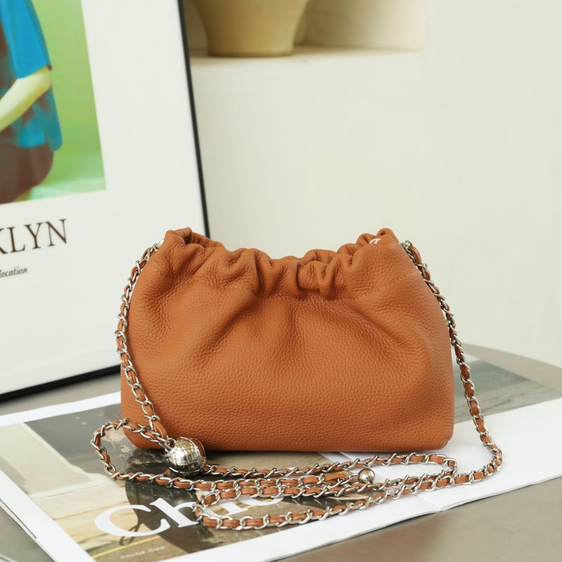 Cloud Bucket Bag Chain Underarm Bag Genuine Leather Womens Bag Fashionable Small Golden Ball Folded Bag Casual All-match Fortune Bag Small Bag golden brown 