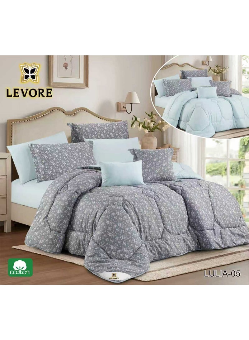 LEVORE 8-piece bedspread set, 100% soft cotton, floral pattern, double-sided, summer style, with filling and fastener, suitable for a 200x200 bed.