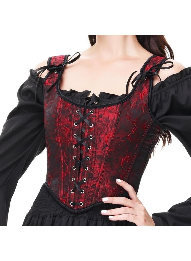 Vintage Floral Embroidered Camisole, Corset Vest Top for Women, Bustier Shapewear, Red and Black Embroidered Vest, Tight Floral Corset with Drawstring Tie-up, Top Suspender Corset M - Image 4