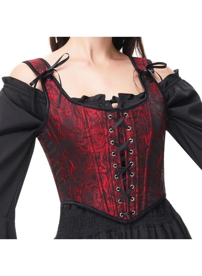 Vintage Floral Embroidered Camisole, Corset Vest Top for Women, Bustier Shapewear, Red and Black Embroidered Vest, Tight Floral Corset with Drawstring Tie-up, Top Suspender Corset M - Image 2
