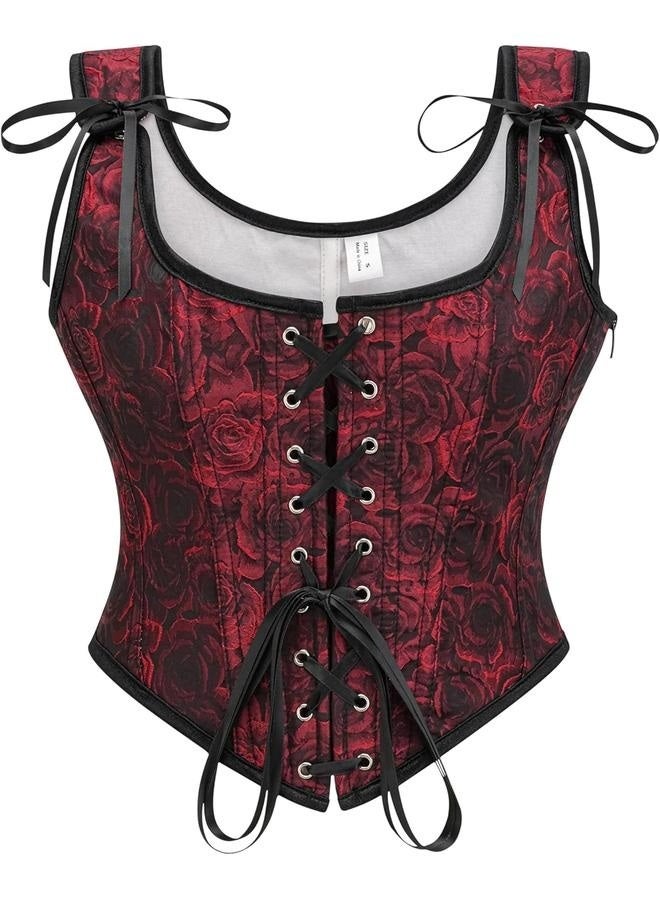 Vintage Floral Embroidered Camisole, Corset Vest Top for Women, Bustier Shapewear, Red and Black Embroidered Vest, Tight Floral Corset with Drawstring Tie-up, Top Suspender Corset M - Image 5