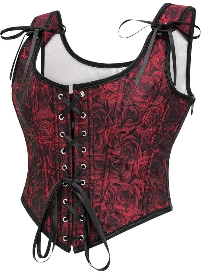 Vintage Floral Embroidered Camisole, Corset Vest Top for Women, Bustier Shapewear, Red and Black Embroidered Vest, Tight Floral Corset with Drawstring Tie-up, Top Suspender Corset M - Image 1