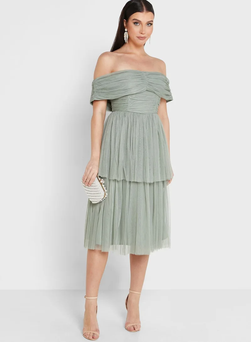 Anaya With Love Bardot Mesh Tiered Dress
