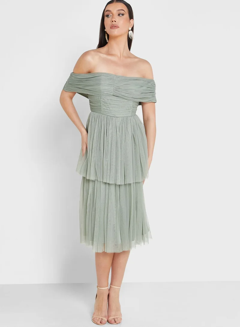 Anaya With Love Bardot Mesh Tiered Dress