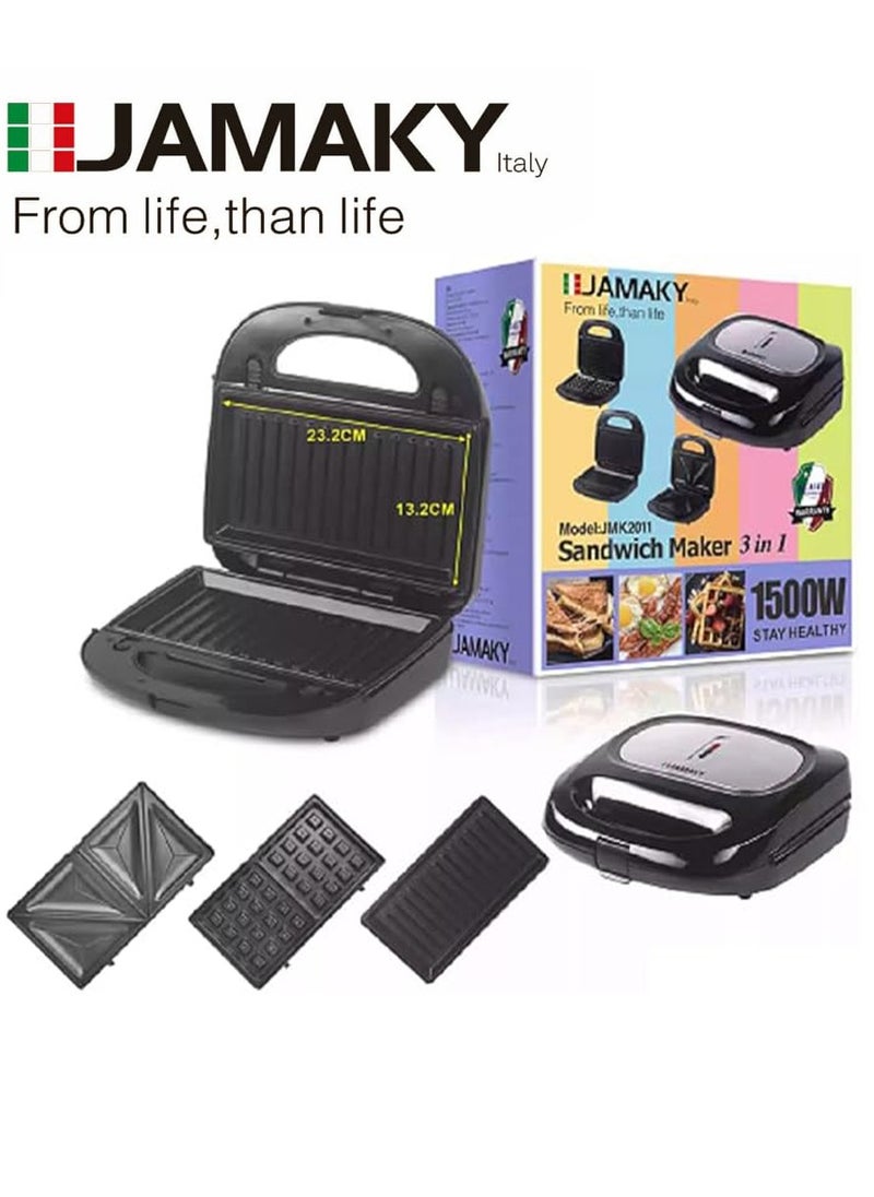 JAMAKY Italy - Sandwich Maker 1500 Watt with Italian technology - with 3-Piece Fixed Grill, JMK2011 Powerful Heater for Quick Setting, Beautifully Designed, Easy to Use and Powerful Heater - Image 1