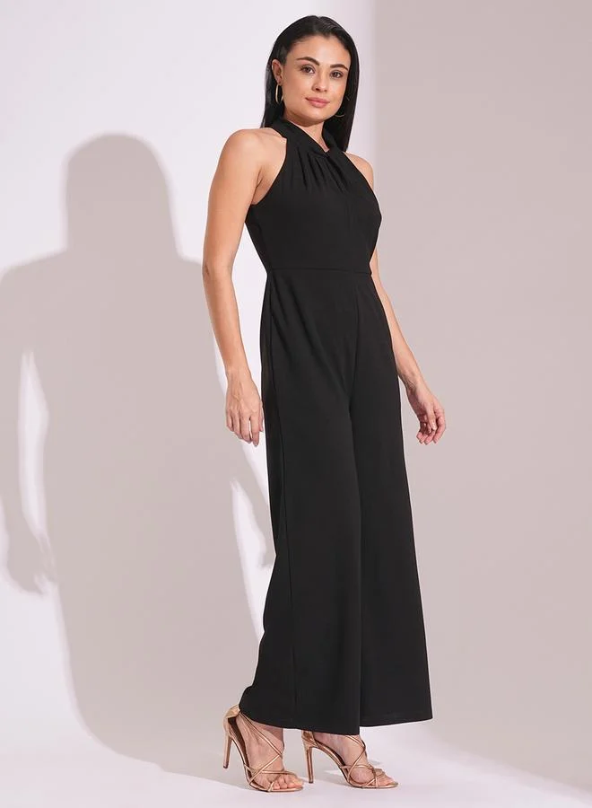 globus Women Black Halter Neck Wide Leg Jumpsuit