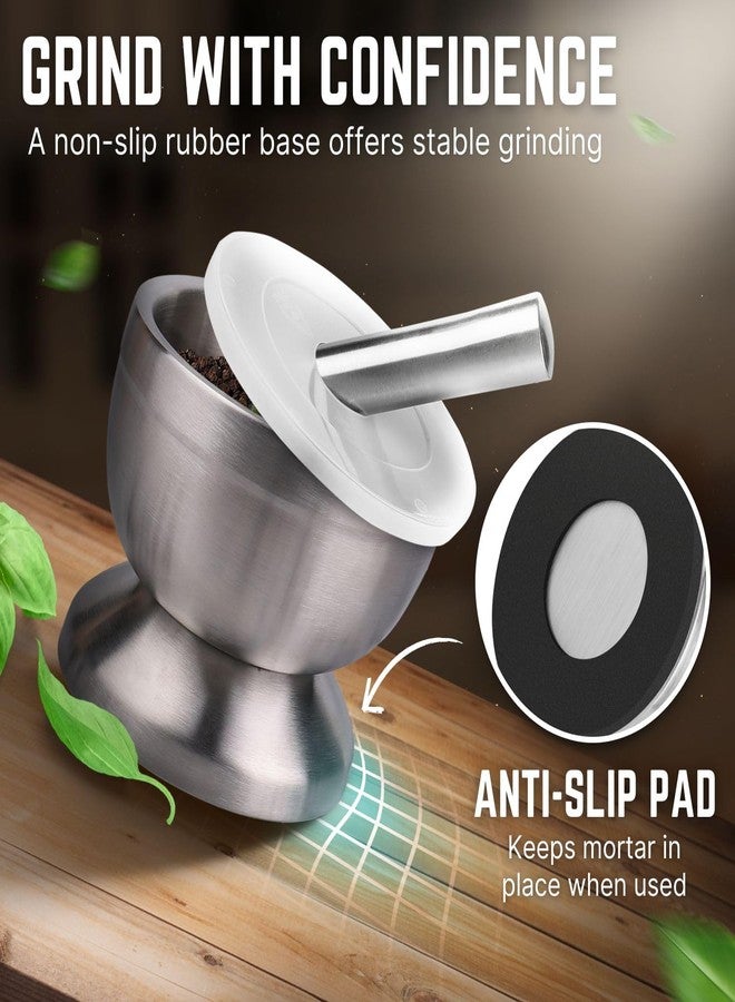 Flexzion Brushed Stainless Steel Mortar and Pestle Set Small - 4-Inch 1 Cup Capacity Muddler & Bowl with Non-Skid Base & Silicone Lid - Spice, Herbs, Guacamole, & Medicine Grinder & Crusher Set - Image 4