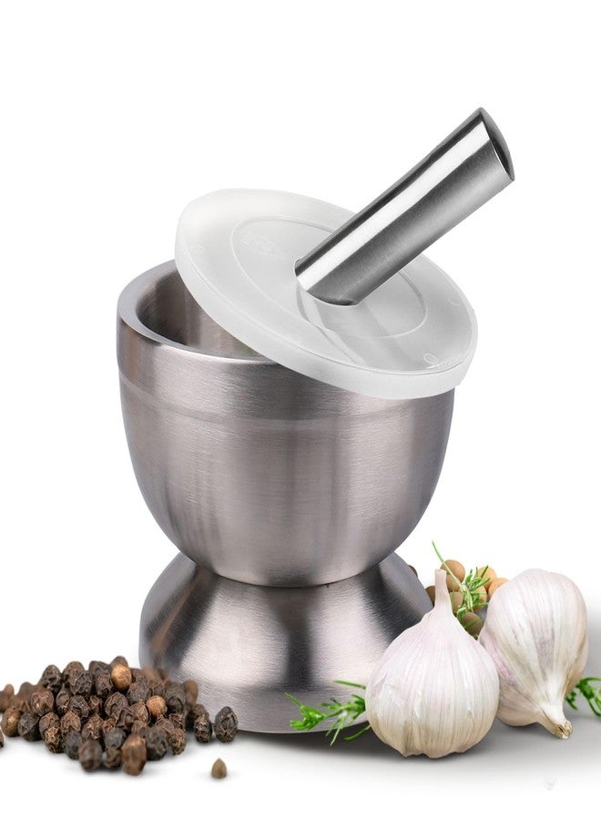 Flexzion Brushed Stainless Steel Mortar and Pestle Set Small - 4-Inch 1 Cup Capacity Muddler & Bowl with Non-Skid Base & Silicone Lid - Spice, Herbs, Guacamole, & Medicine Grinder & Crusher Set - Image 1