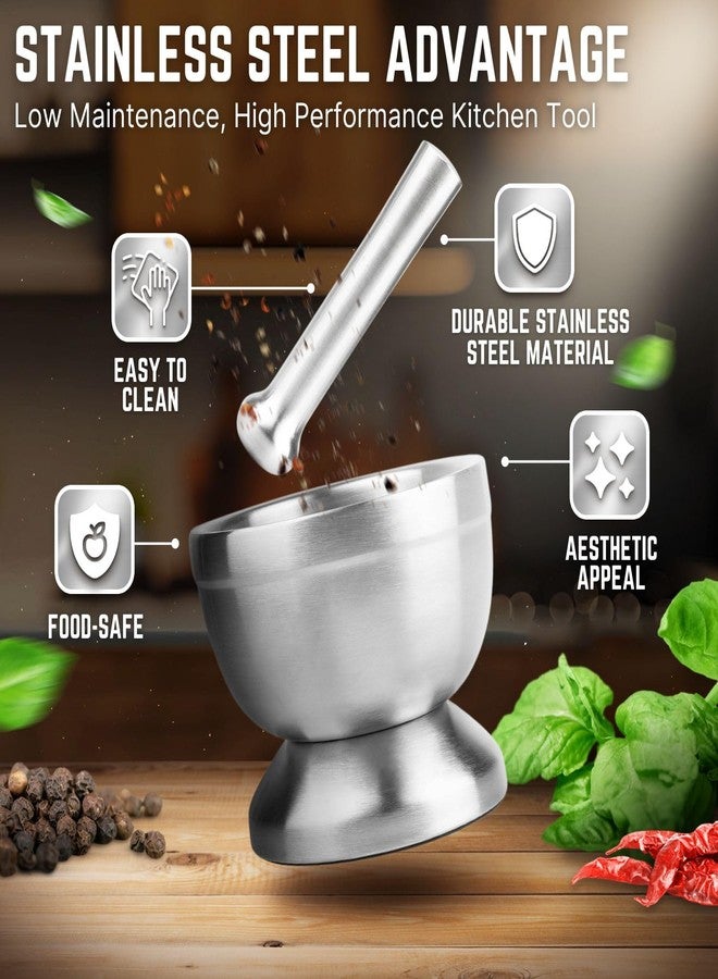 Flexzion Brushed Stainless Steel Mortar and Pestle Set Small - 4-Inch 1 Cup Capacity Muddler & Bowl with Non-Skid Base & Silicone Lid - Spice, Herbs, Guacamole, & Medicine Grinder & Crusher Set - Image 3