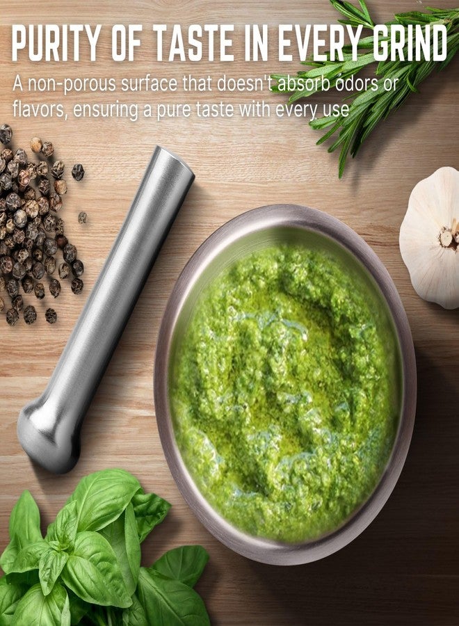 Flexzion Brushed Stainless Steel Mortar and Pestle Set Small - 4-Inch 1 Cup Capacity Muddler & Bowl with Non-Skid Base & Silicone Lid - Spice, Herbs, Guacamole, & Medicine Grinder & Crusher Set - Image 5