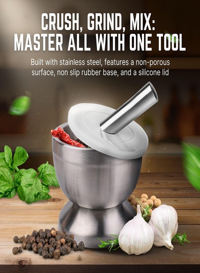 Flexzion Brushed Stainless Steel Mortar and Pestle Set Small - 4-Inch 1 Cup Capacity Muddler & Bowl with Non-Skid Base & Silicone Lid - Spice, Herbs, Guacamole, & Medicine Grinder & Crusher Set - Image 2