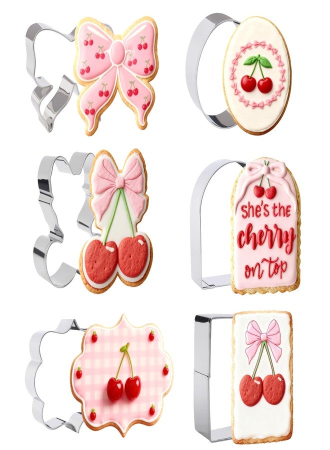 CORNER LACE 6 Pieces Cherry With Bow Cookie Cutters Set - Stainless Steel Cookie Biscuit Cutting Molds for Women Birthday Baby Bridal Shower Wedding Party DIY Craft Home Baking Supplies - Image 1