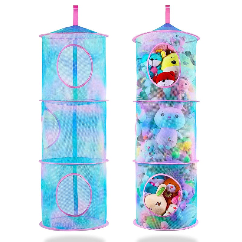 Basumee Stuffed Animals Net or Hammock 2 Pcs Stuffed Animals Storage Toy Net Hammock for Plushies Storage Organizer Mesh Kids Girls Room Decor Blue Teal 3 Tiers