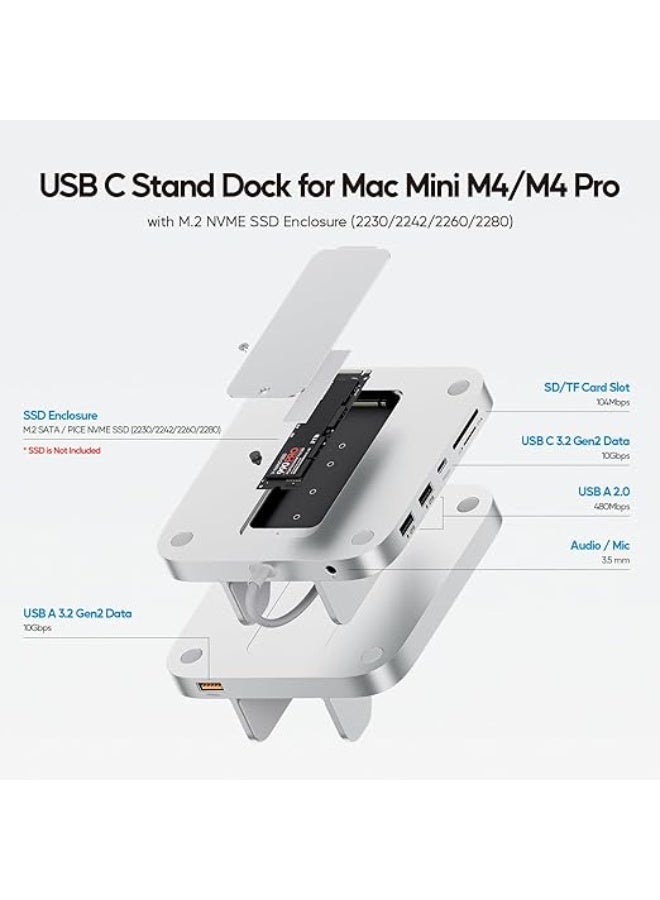 PULWTOP Mac mini M4 Dock with 4TB M.2 SSD Enclosure, 8-in-1 Aluminum Vertical USB-C Hub for Mac mini M4 Pro Hub Stand with USB-A/C 3.2 10Gbps, 2xUSB-A 2.0, 3.5mm Audio, SD/TF Slots (SSD NOT Included) - Image 4