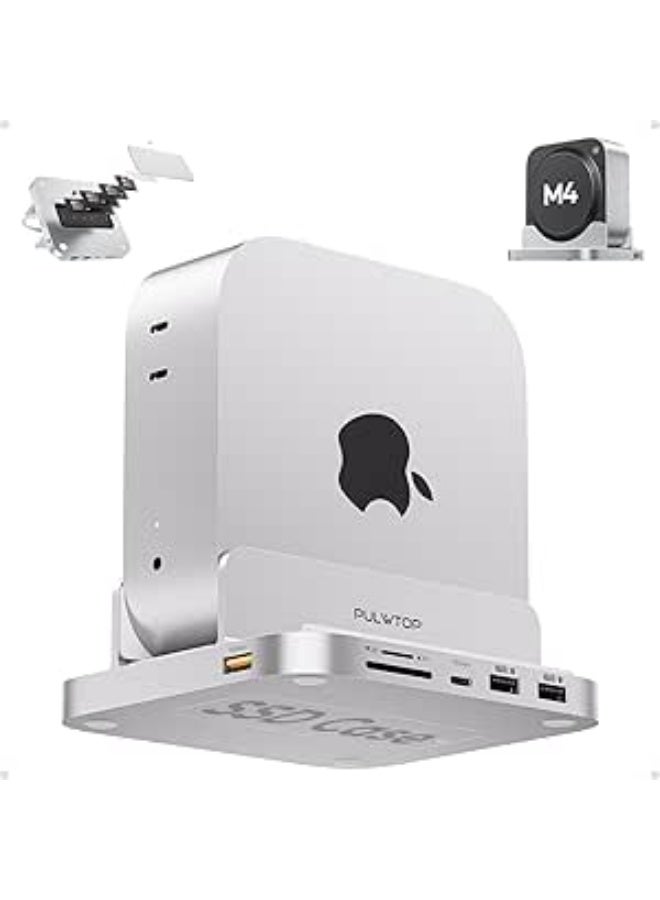 PULWTOP Mac mini M4 Dock with 4TB M.2 SSD Enclosure, 8-in-1 Aluminum Vertical USB-C Hub for Mac mini M4 Pro Hub Stand with USB-A/C 3.2 10Gbps, 2xUSB-A 2.0, 3.5mm Audio, SD/TF Slots (SSD NOT Included) - Image 1