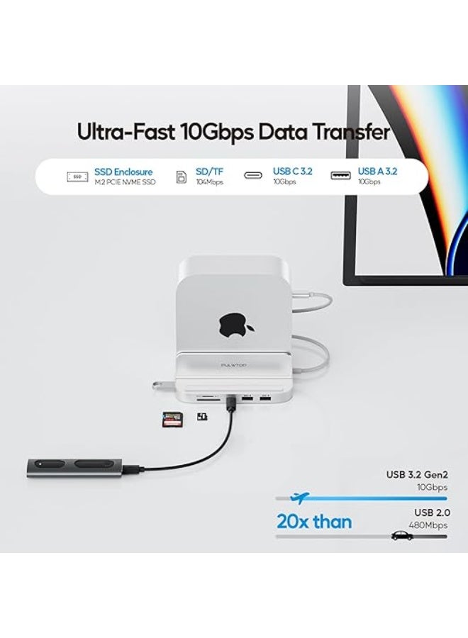 PULWTOP Mac mini M4 Dock with 4TB M.2 SSD Enclosure, 8-in-1 Aluminum Vertical USB-C Hub for Mac mini M4 Pro Hub Stand with USB-A/C 3.2 10Gbps, 2xUSB-A 2.0, 3.5mm Audio, SD/TF Slots (SSD NOT Included) - Image 3