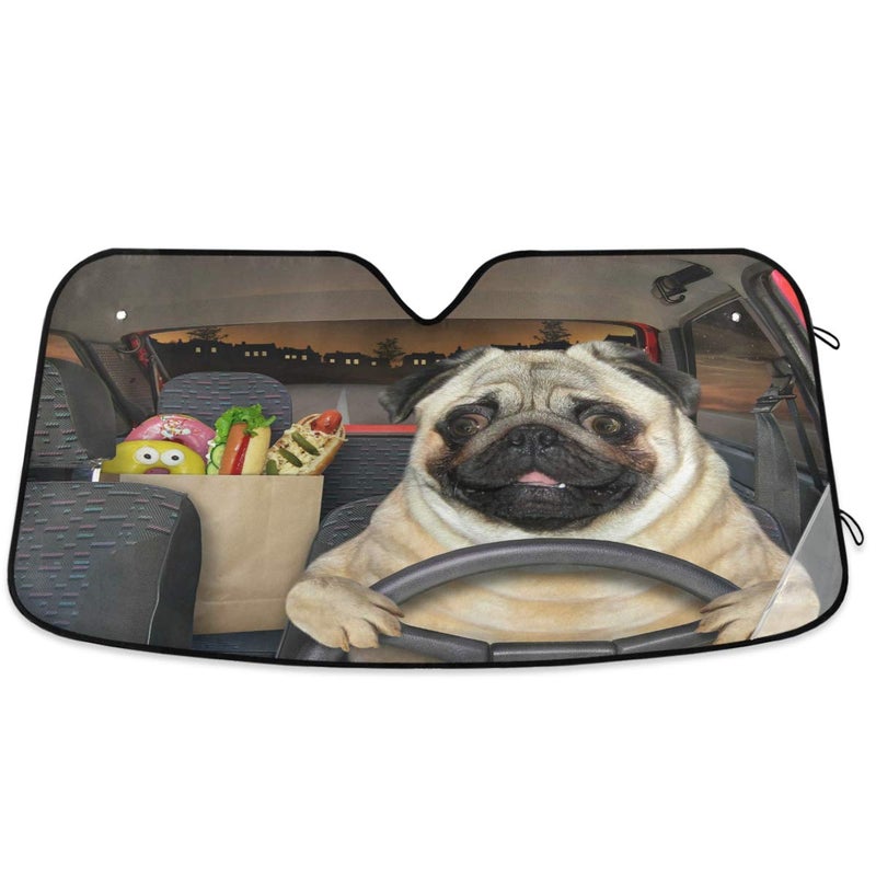 Oarencol Fun Pug Dog Driving Car Windshield Sun Shade Foldable UV Ray Sun Visor Protector Sunshade to Keep Your Vehicle Cool (55" x 27.6")