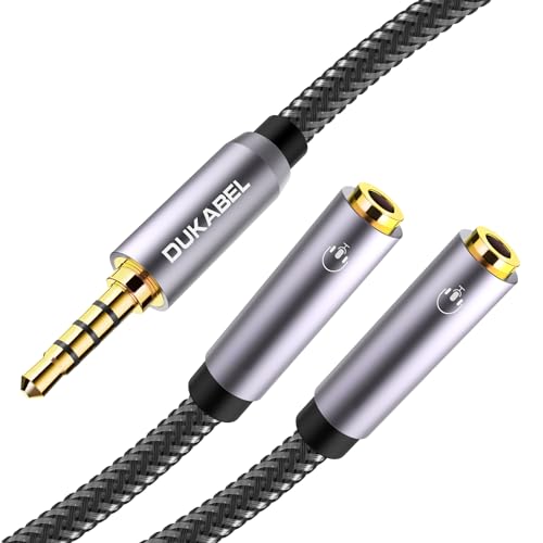 DUKABEL دوكابل موزع سماعات رأس طويل (4 قدم / 1.2 متر) كابل موزع 4-قطب TRRS 3.5 Y محمي 2-طريقة أنثوي إلى ذكر محول سماعات ستيريو صوتي / مضفر نايلون كريستالي / مطلي بالذهب 24 قيراط / 99.99% OFC 4N - Image 1