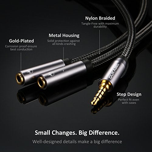 DUKABEL دوكابل موزع سماعات رأس طويل (4 قدم / 1.2 متر) كابل موزع 4-قطب TRRS 3.5 Y محمي 2-طريقة أنثوي إلى ذكر محول سماعات ستيريو صوتي / مضفر نايلون كريستالي / مطلي بالذهب 24 قيراط / 99.99% OFC 4N - Image 5