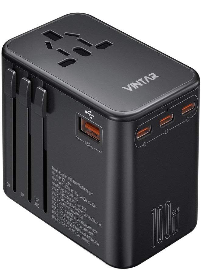 VINTAR Universal Travel Adapter, 100W GaN International Power Adapter with 3 USB C PD and 1 USB A QC, All in One Plug Adapter, Travel Adapter Worldwide for EU/UK/USA/AUS(Type C/G/A/I) - Image 1