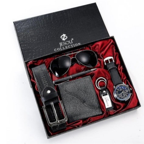 Mens Gift Set Watch Wallet Belt 6pcs Two-eyed black suit