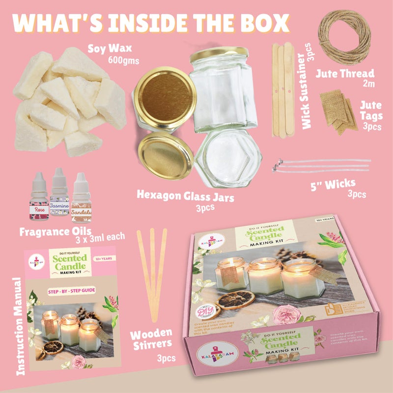 Kalakaram Scented Jar Candle Kit | DIY Candle Making Activity Kit for Kids & Adults with Pure & Natural Ingredients | Beginner-Friendly | Ideal for Diwali, Birthday Gifts, & Home Decor, Craft Kit - Image 3