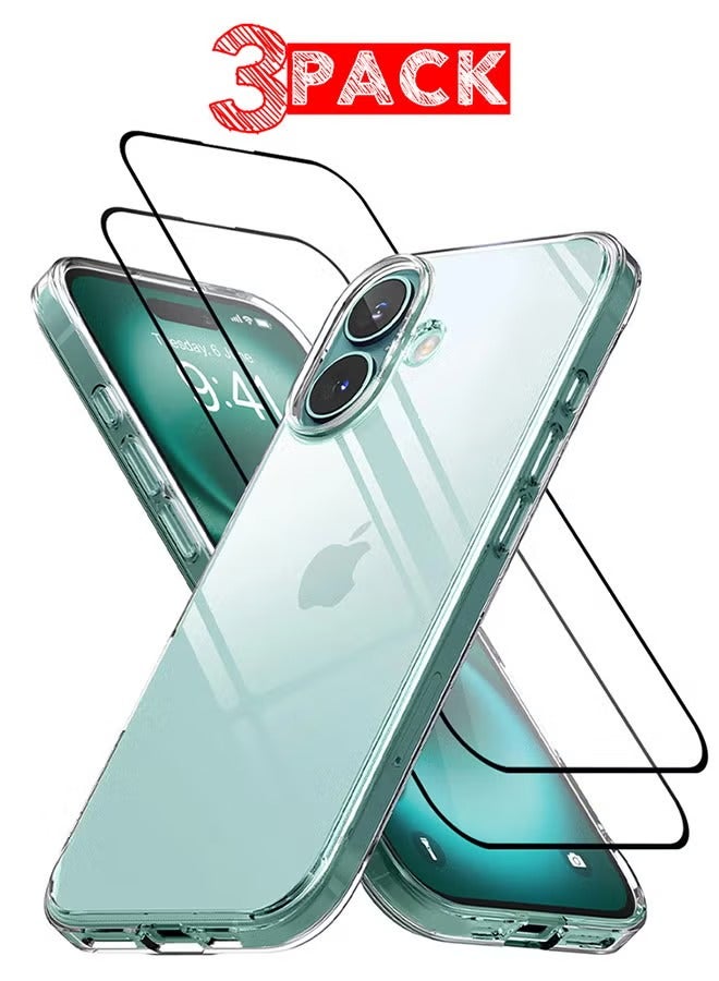 ELTRAZONE حزمة 3 - غلاف آيفون 16 وواقيات شاشة - TPU شفاف، رفيع للغاية، مضاد للصدمات، مقاوم للاصفرار، مقاوم للخدوش، 2 واقي شاشة، شفاف - Image 1