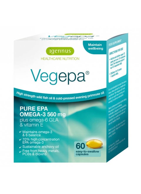 Vegepa Omega 3 Wild Fish Oil & Evening Primrose Oil Blend, 560 mg EPA Plus GLA, 60 Small Softgels