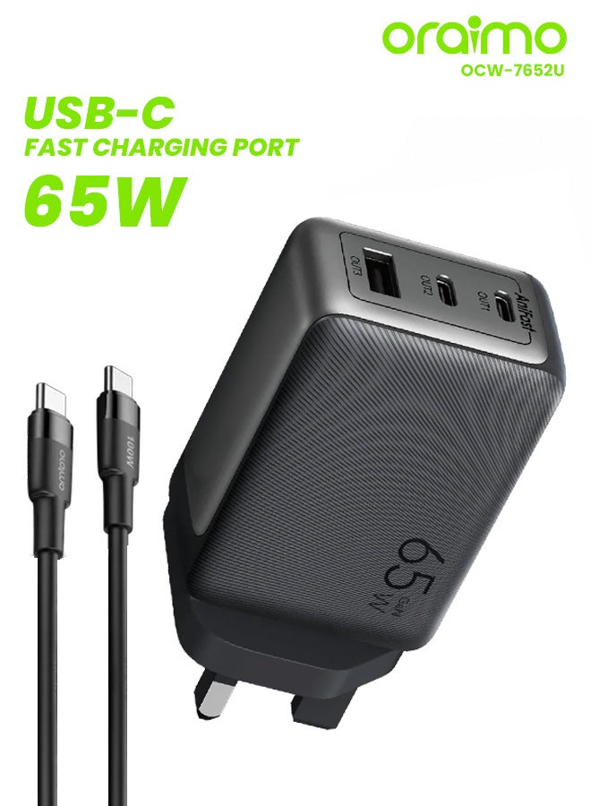 أورايمو شاحن حائط هايبرغان 2 منافذ USB-C و USB بقوة 65 واط مع كابل USB-C - Image 1