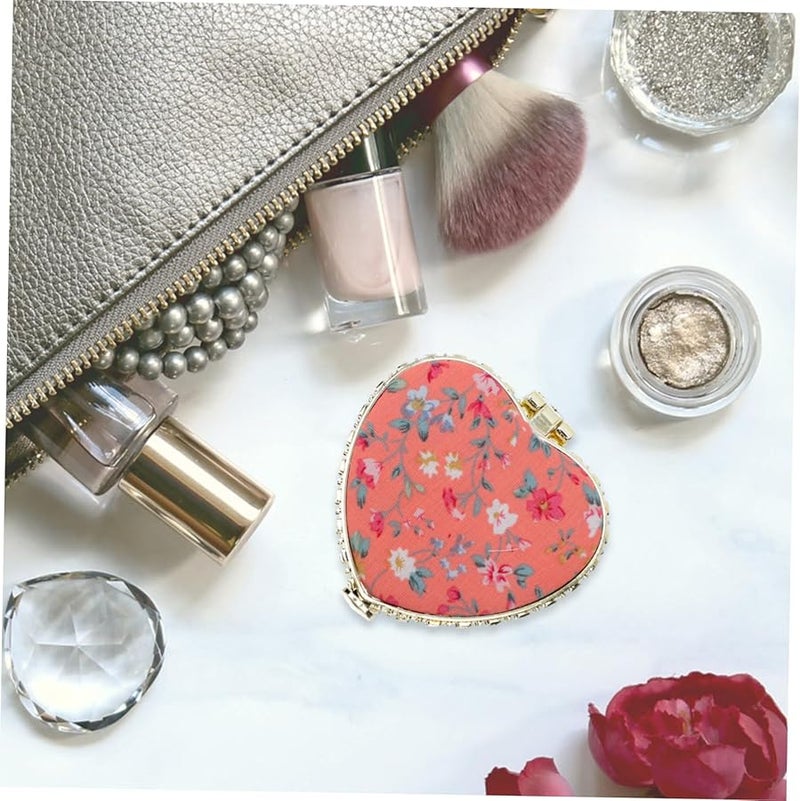 Pink Heart Shape Foldable Double Sided Travel Makeup Mirror Compact 6 5x6 5cm - Image 2