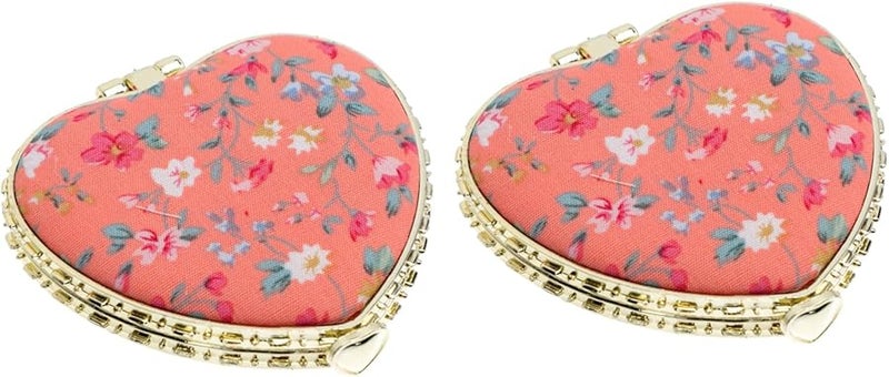 Pink Heart Shape Foldable Double Sided Travel Makeup Mirror Compact 6 5x6 5cm - Image 1