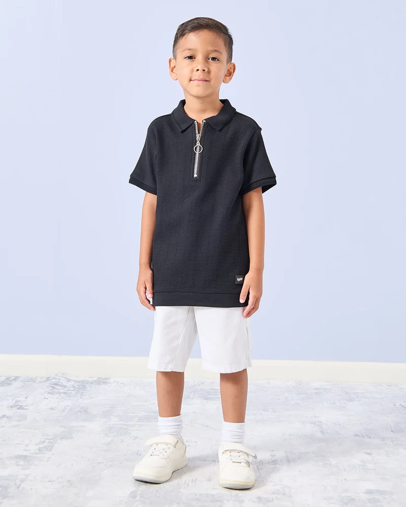 Redtag Boys Black Jacquard Polo Shirt
