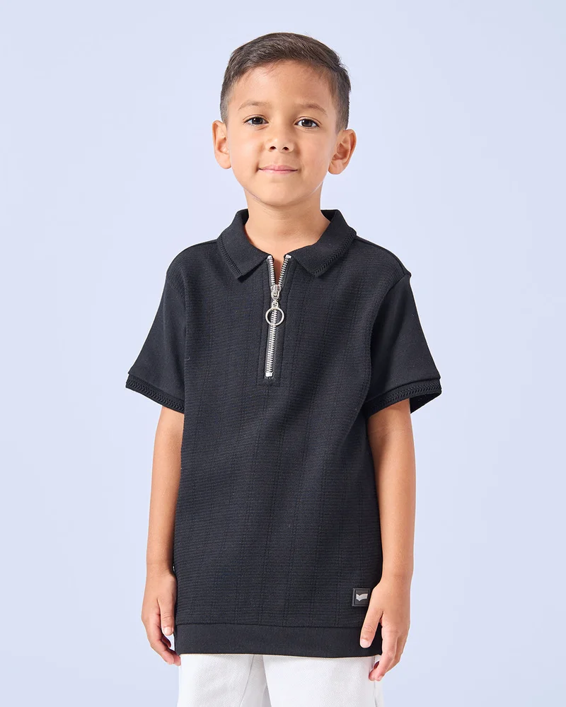 Redtag Boys Black Jacquard Polo Shirt