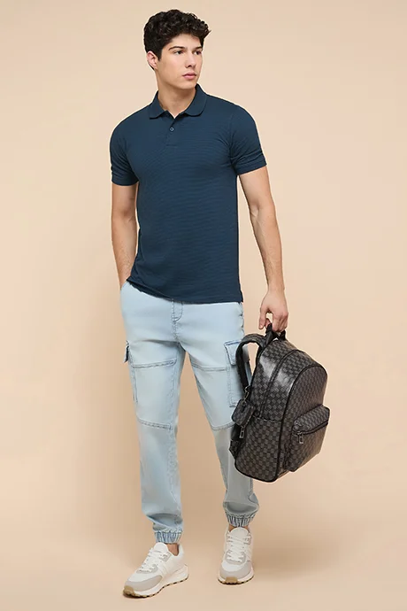 أر أند بي Textured Polo T-Shirt with Short Sleeves