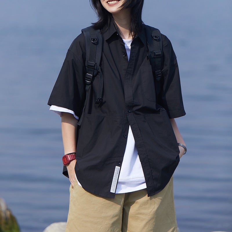 Vintage Japanese Workwear Shirt Women Short Sleeve Casual Oversized Black - Image 1