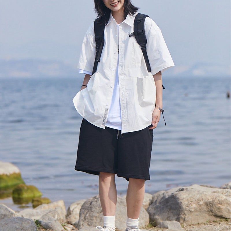 Vintage Japanese Workwear Shirt Women Short Sleeve Casual Oversized Black - Image 5
