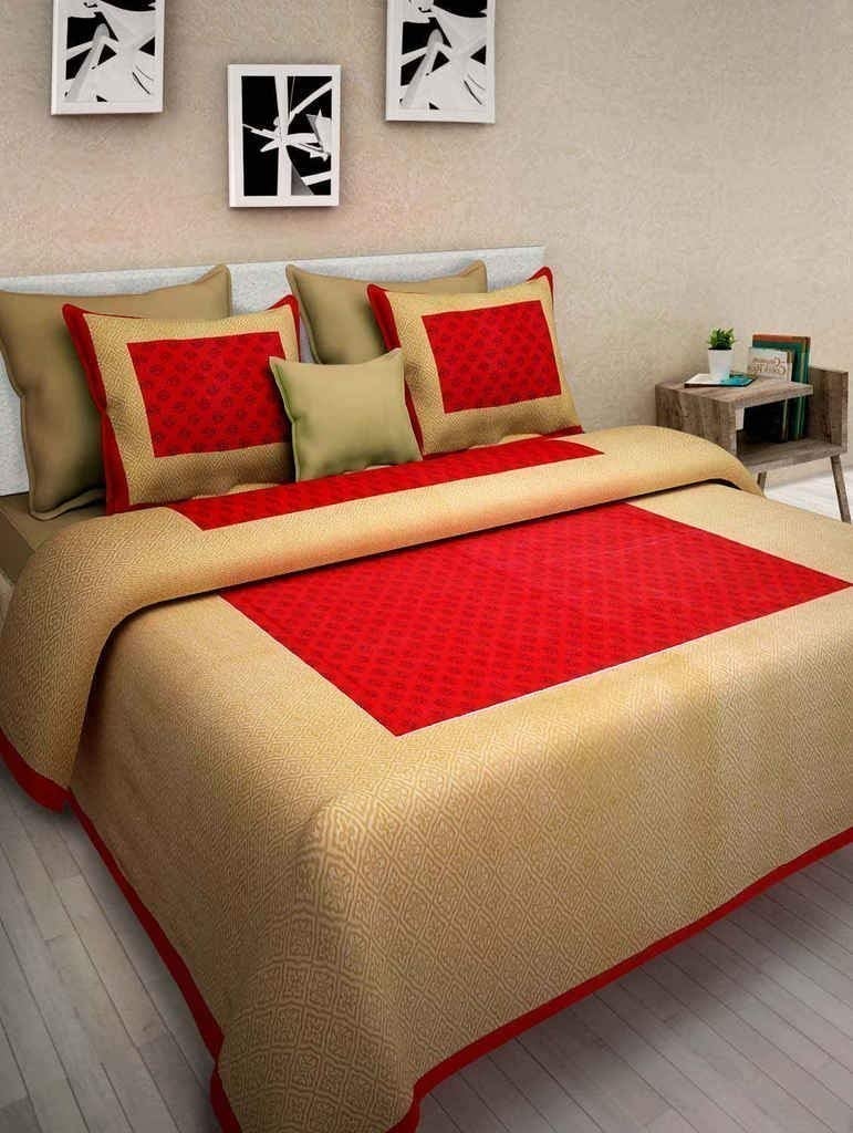 EarlyMart 144 TC 100 Cotton Rajasthani Jaipuri Traditional 1 Double Bedsheet with 2 Pillow Covers Red