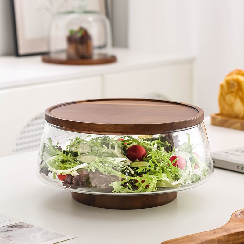 Ins Simple Glass Fruit Plate Salad Bowl High-Value Transparent Glass Bowl Acacia Wood Base No. 5 Salad Bowl - Image 3