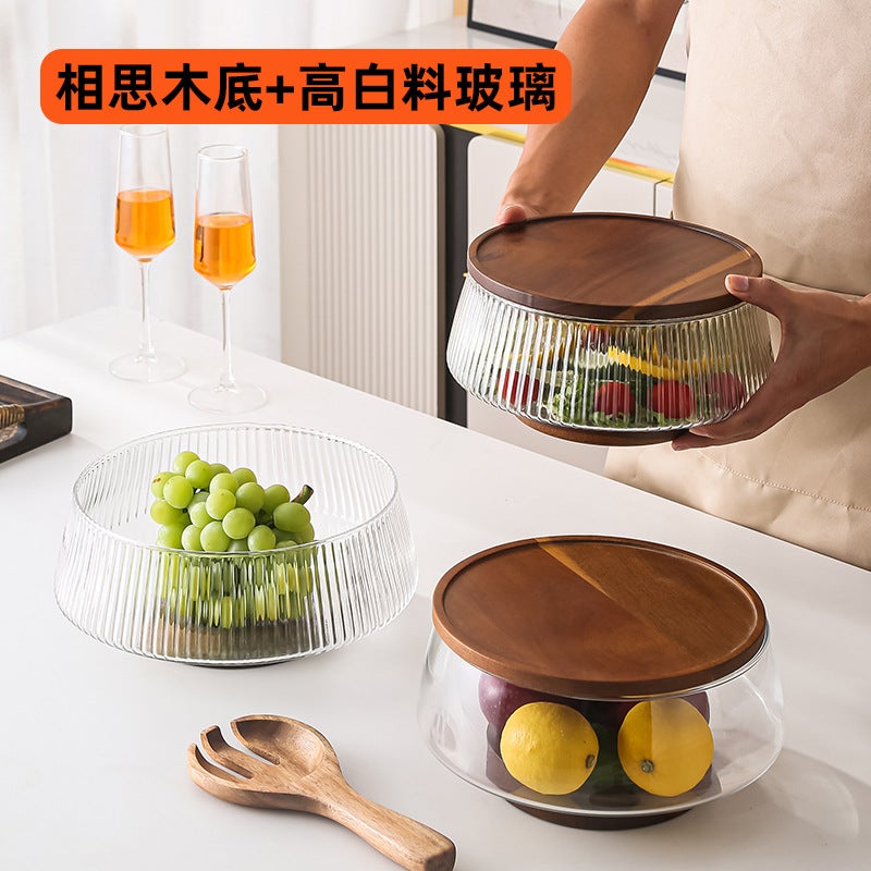 Ins Simple Glass Fruit Plate Salad Bowl High-Value Transparent Glass Bowl Acacia Wood Base No. 5 Salad Bowl - Image 2