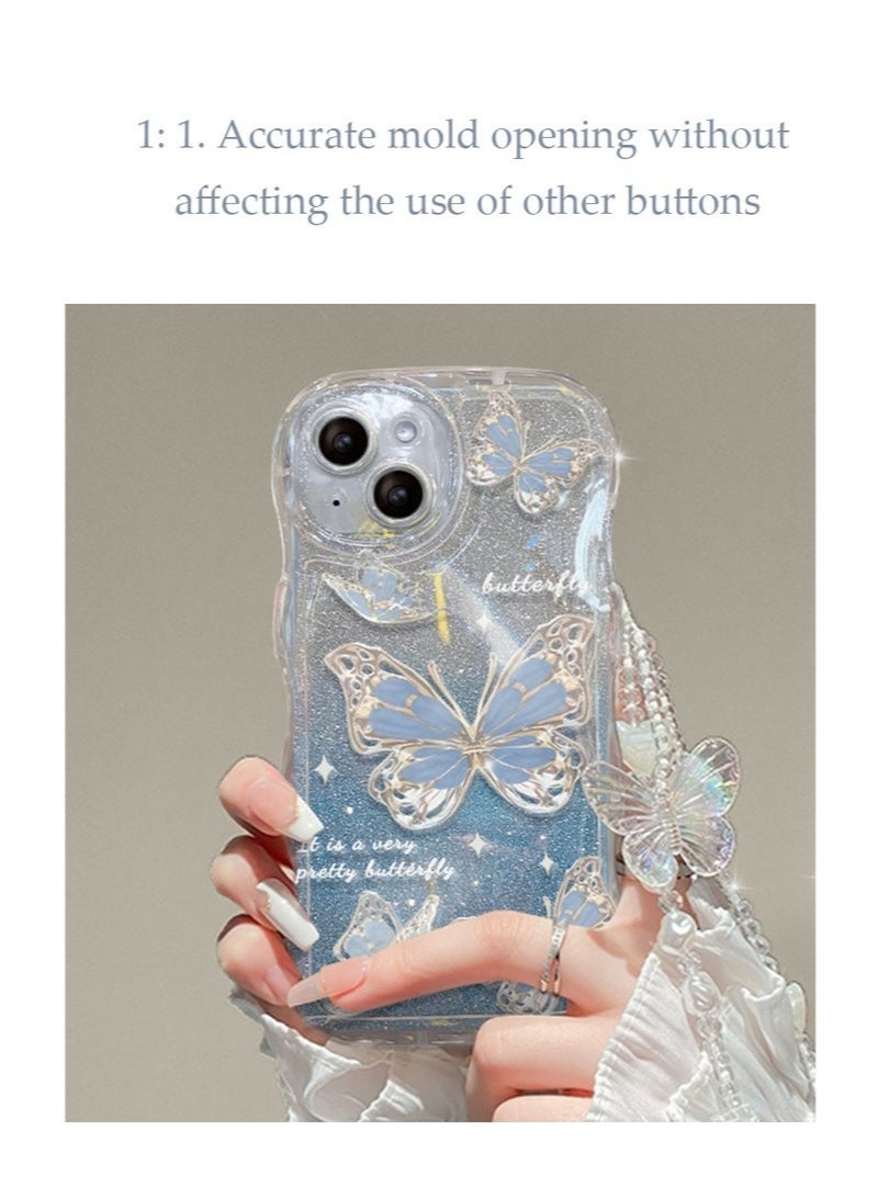 Nova future iPhone 15 Case cover butterfly Pattern with camera len protector Beaded Lanyard Wrist anti-drop Strap for Women Girls, Soft TPU Full Protective Cover back comfortable touch feeling accessory - Image 5