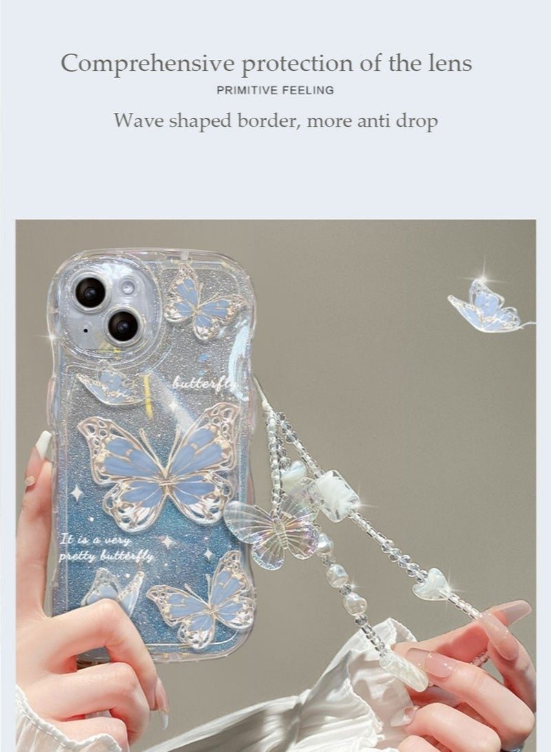 Nova future iPhone 15 Case cover butterfly Pattern with camera len protector Beaded Lanyard Wrist anti-drop Strap for Women Girls, Soft TPU Full Protective Cover back comfortable touch feeling accessory - Image 2