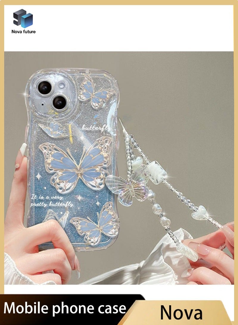 Nova future iPhone 15 Case cover butterfly Pattern with camera len protector Beaded Lanyard Wrist anti-drop Strap for Women Girls, Soft TPU Full Protective Cover back comfortable touch feeling accessory - Image 1