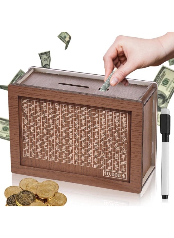 سونسر صندوق توفير نقدي رقمي خشبي، خزنة تحدي التوفير 10000، حصالة نقود على شكل خنزير - Image 1