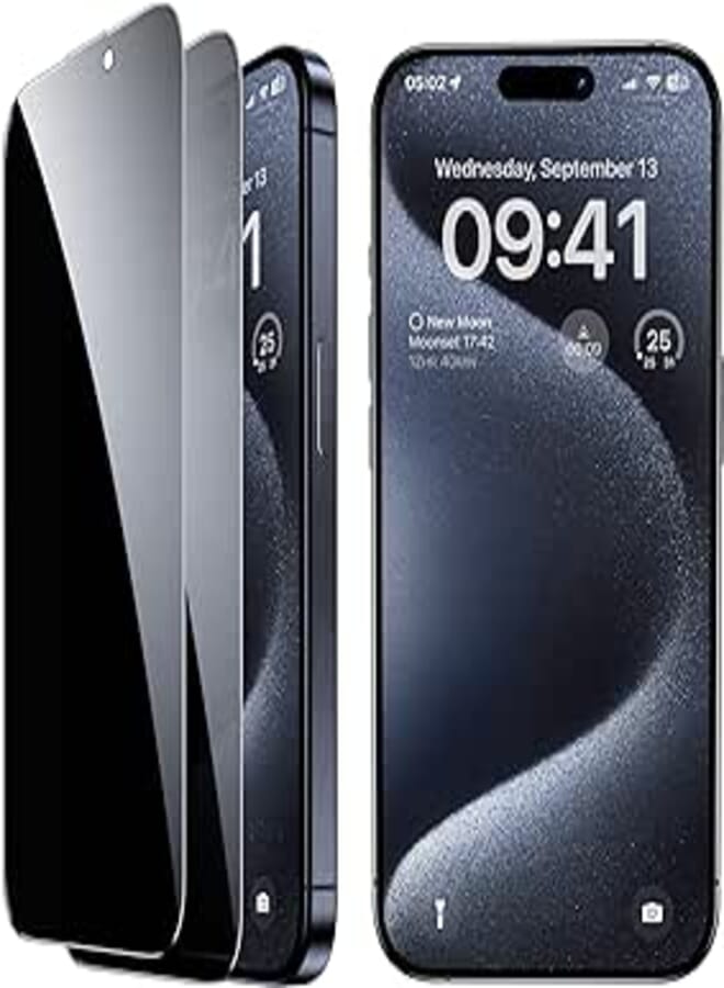 BENKS Pack of 2 Privacy Screen for iPhone 15 Pro Max [6.7 Inch], Anti-Spy Tempered Glass Protection, HD Privacy Film, 9H Hardness, Anti-Scratch, Bubble-Free