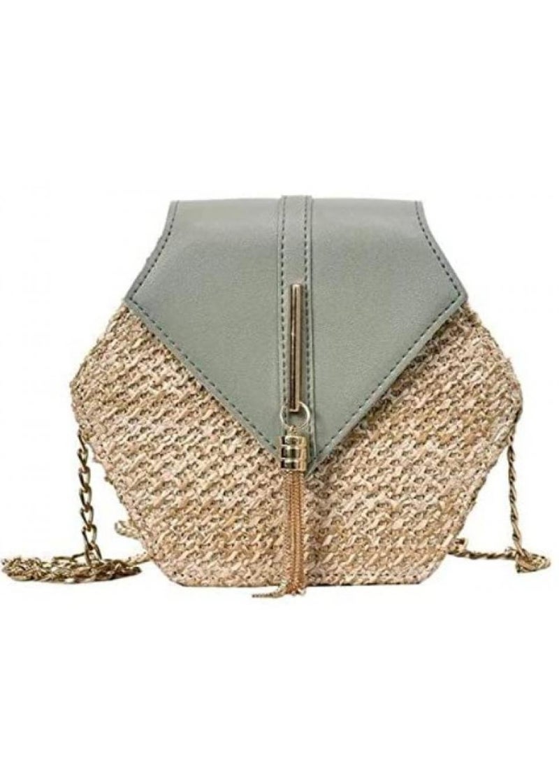 AIWANTO Women Handbag, Straw & Leather Bag, Summer Beach Handbag, Chain Shoulder Ladies Purse, Bohemian Woven Crossbody Bags - Image 1