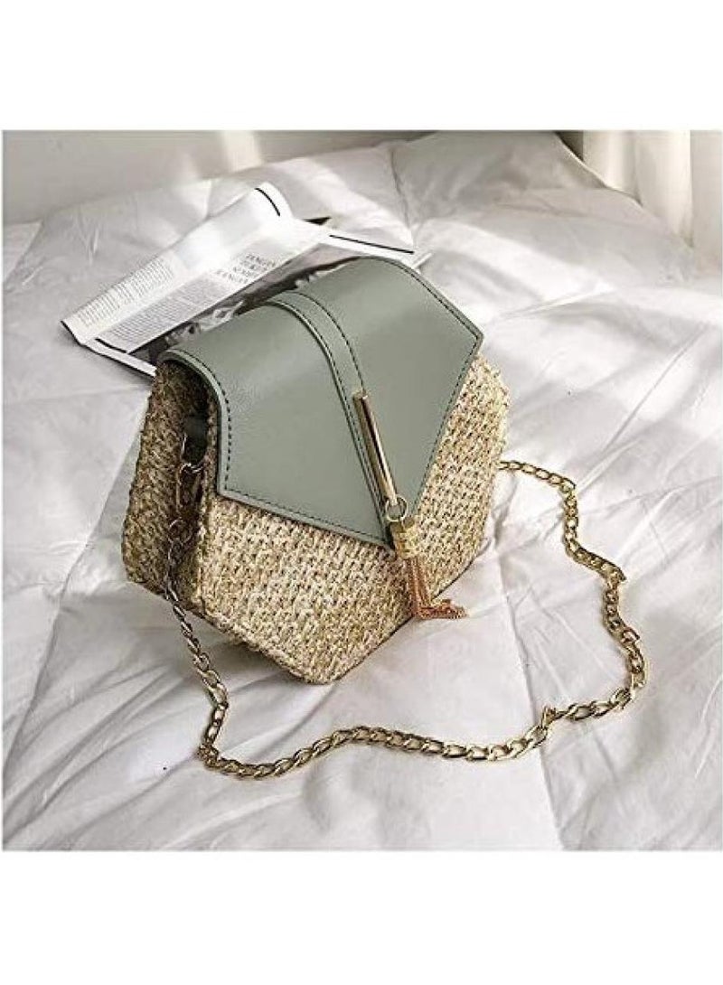 AIWANTO Women Handbag, Straw & Leather Bag, Summer Beach Handbag, Chain Shoulder Ladies Purse, Bohemian Woven Crossbody Bags - Image 2