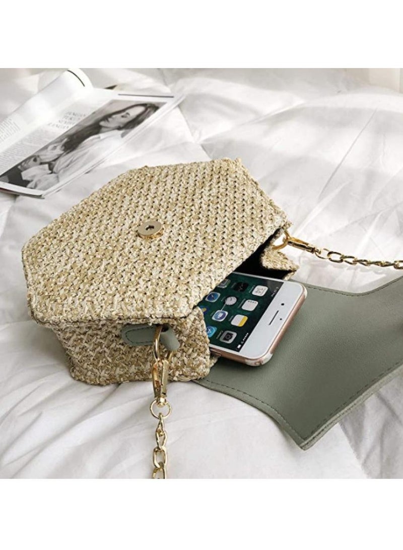 AIWANTO Women Handbag, Straw & Leather Bag, Summer Beach Handbag, Chain Shoulder Ladies Purse, Bohemian Woven Crossbody Bags - Image 5