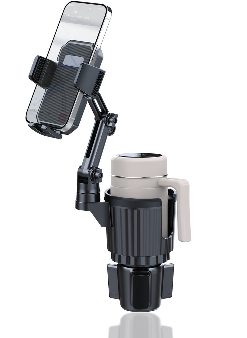 HANAMICHI Cup Holder Phone Mount for Car,2 in 1 Car Mobile Stand,Car Phone Holder Adjustable Cup Holder Base Fits Most Cars, Compatible with Most 2.5" - 4.1" Phones, Black - Image 1