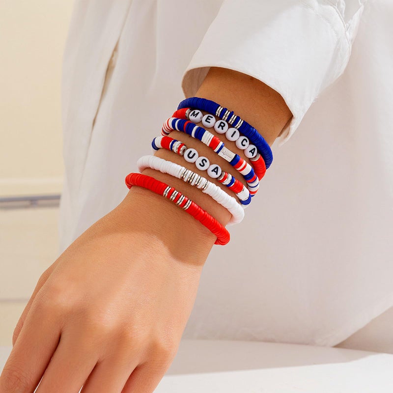 HTH Patriotic Bracelets for Women Star Heart Patriotic 4th of July Bracelets Fourth of July Polymer Clay Accessories(6pcs) - Image 4