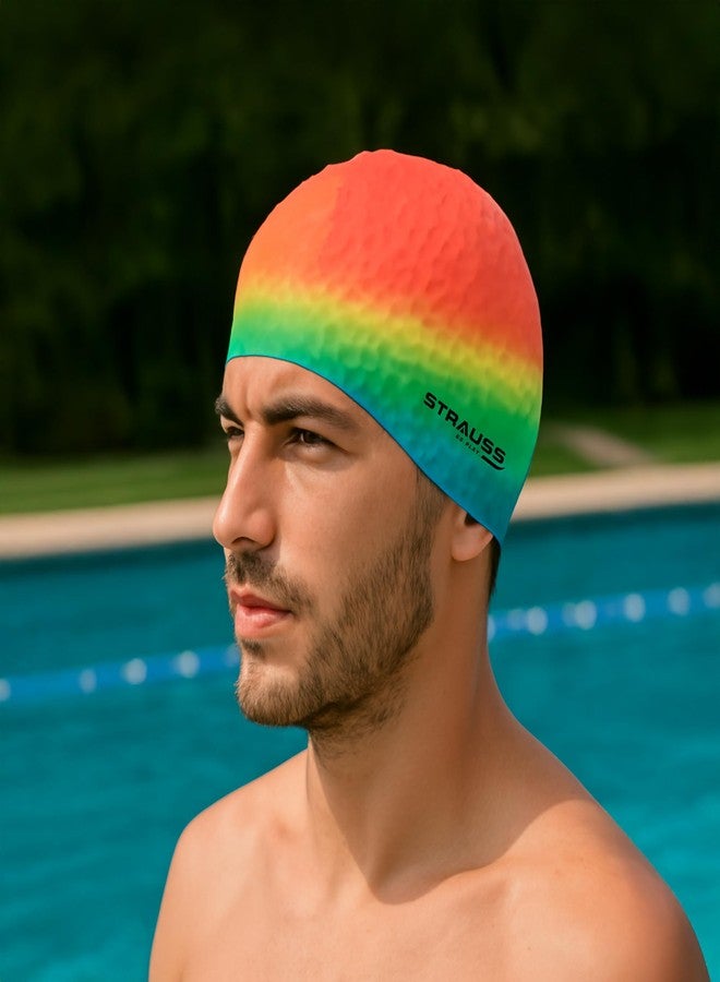 Strauss Latest Designed Swimming Cap | Keeps Hair Clean | Suitable for Long and Short Hair | Swimming Head Cap with Breathable Fabric | Waterproof Swim Cap for Kids, Boys & Girls,(Orange Mix Color) - Image 2